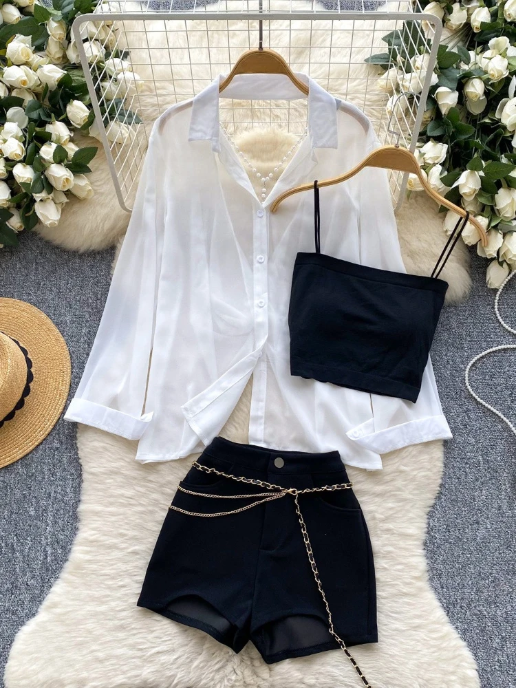 

Commuting trendy three piece set women's camisole strapless vest+backless chain chiffon shirt+high waisted wide leg shorts