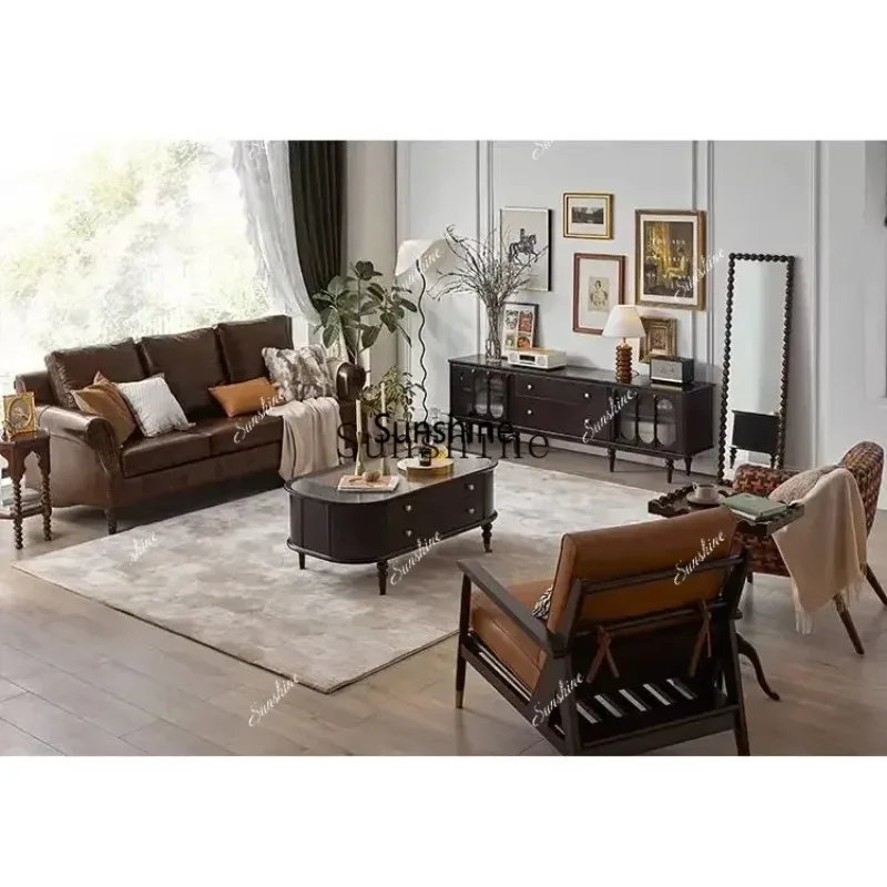 Solid wood furniture living room simple leather brown sofaX