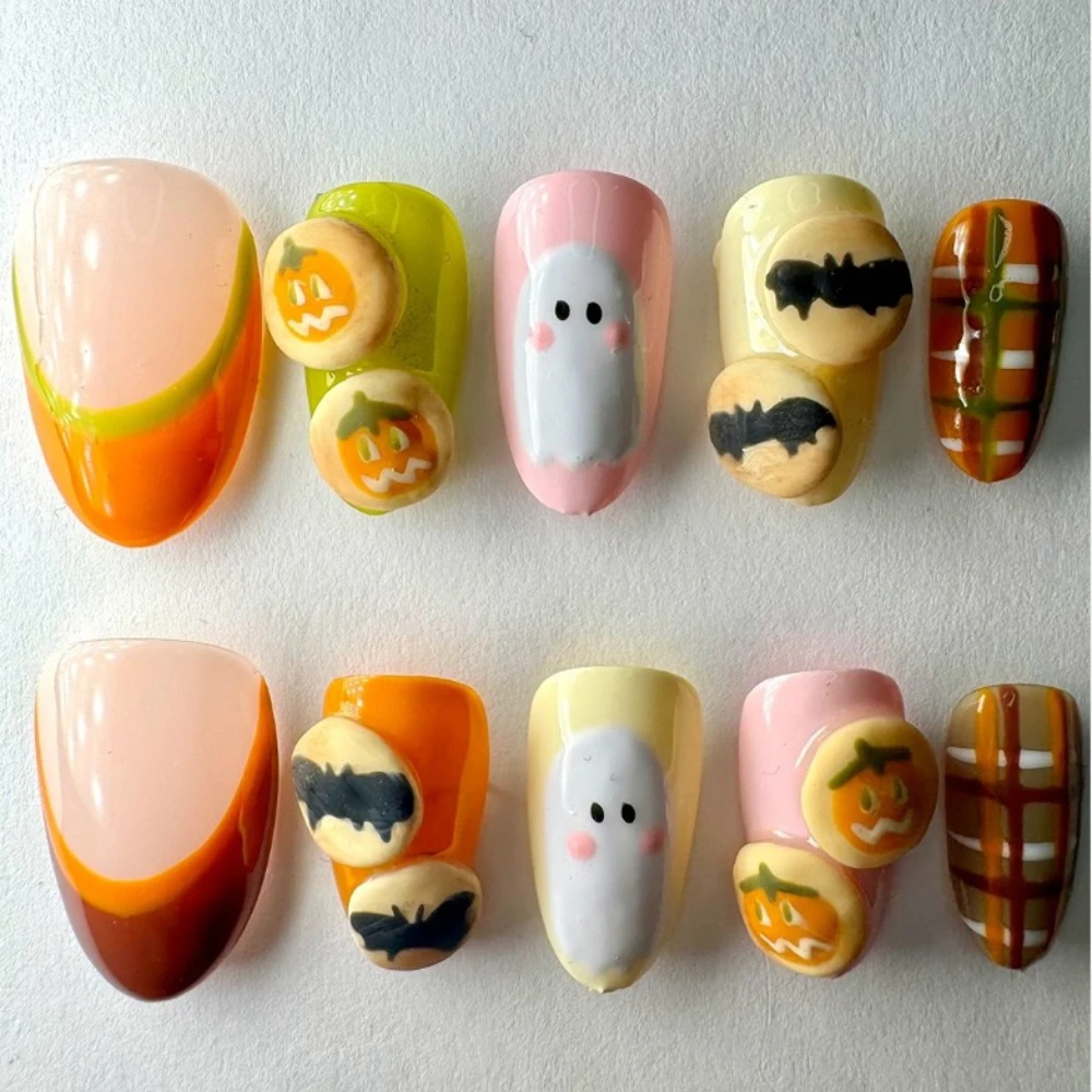 10Pcs Handmade Press On Nails Halloween Carnival French 3D Short Oval Fake Nails Cute Design Art  DIY Nails with Set