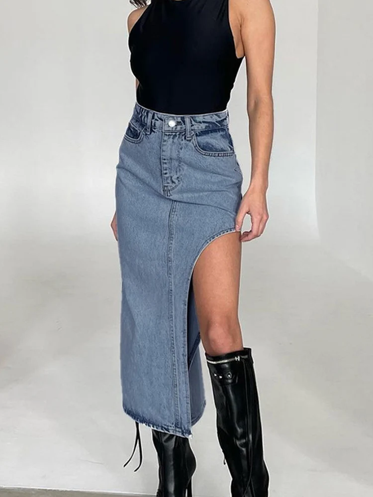 Apipee-elegante saia midi com divisão lateral para mulheres, cintura alta, denim, azul, roupas de escritório, moda primavera, verão, 2022