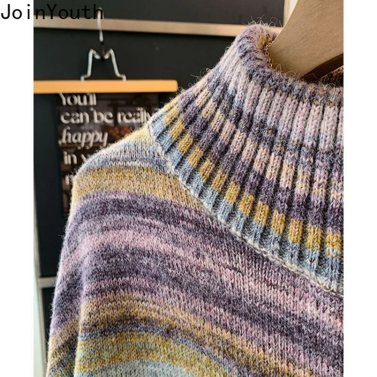 Knitwear Casual Cardigan Jackets Women Fashion Rainbow Stripe Sueter Mujer Stand Neck Zipper Casual Vintage Oversized Sweater