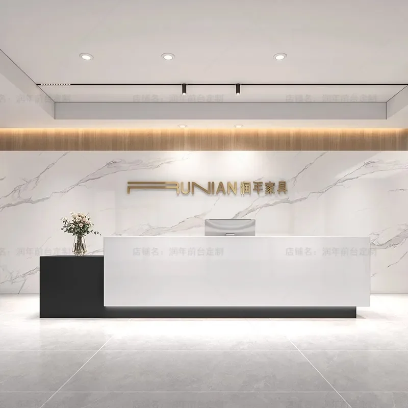 L‑Corner Marble‑Slate Paint Reception Counter, Checkout Bar Desk for Company & Hotel Property Commercial Furniture