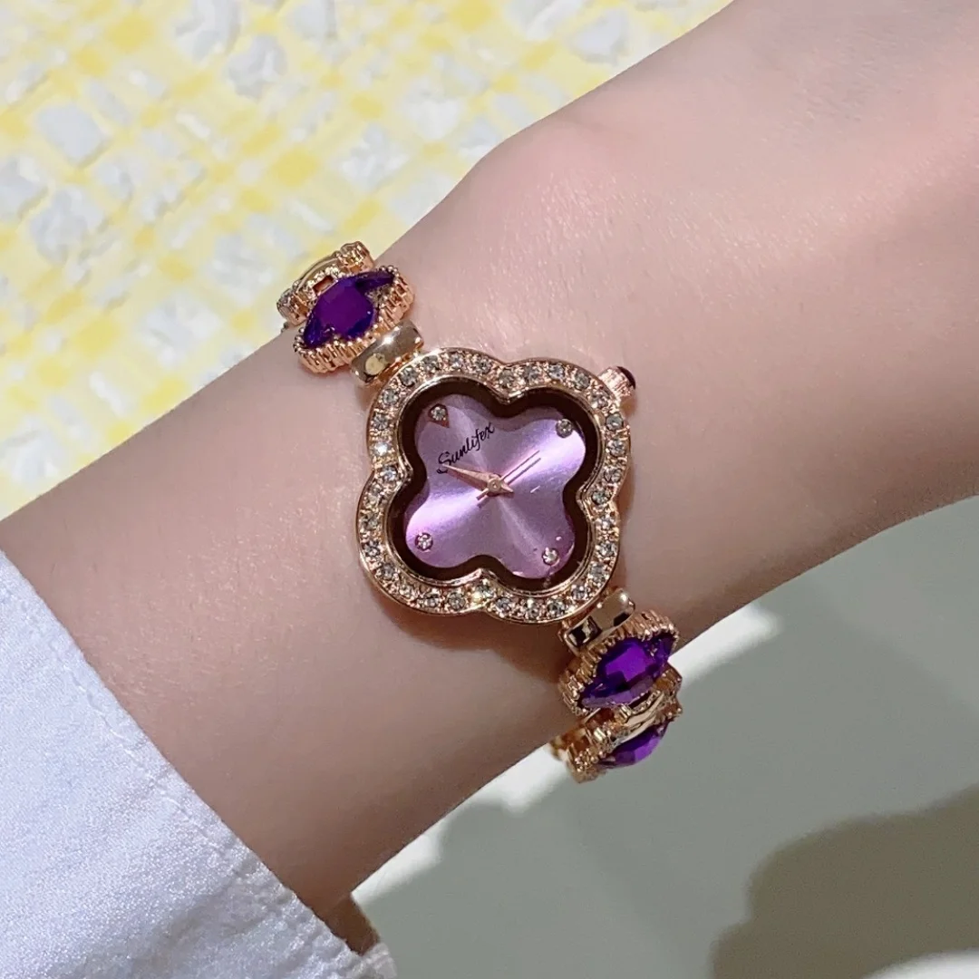 Reloj de pulsera de trébol para Mujer con incrustaciones de cuarzo y diamantes Reloj de pulsera de lujo a la moda para Mujer Reloj para Mujer