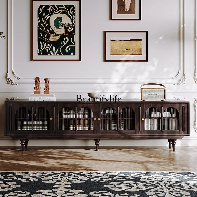 

American pure solid wood TV cabinet, living room furniture, French light luxury retro audio-visual floor cabinet