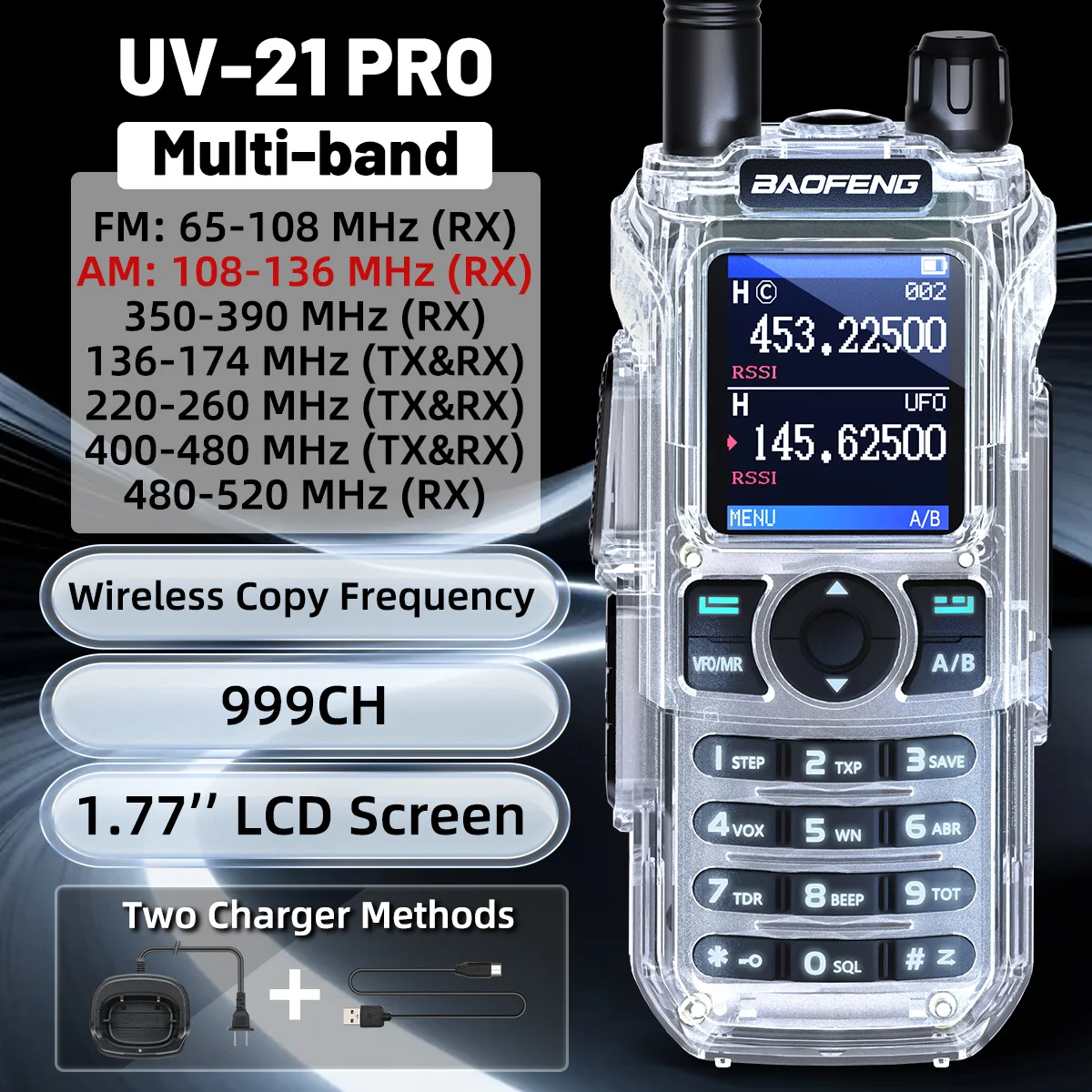 baofeng-uv-21-pro-自動周波数コピー機能付きトランシーバー-超長距離高出力マルチバンド-type-c充電式ポータブルハムラジオ