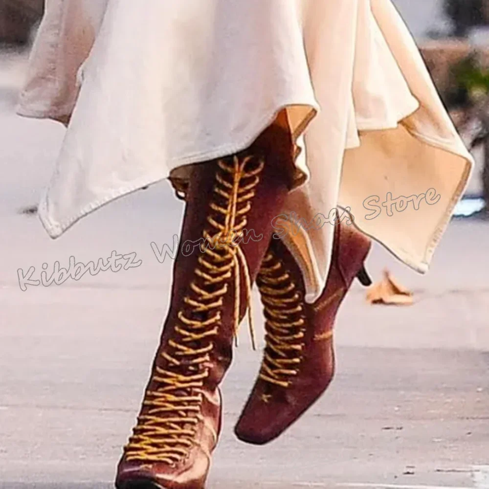 

Винтажные сапоги до колена, модная новинка, элегантная лаконичная пикантная обувь для девочек, разноцветная новая кожаная обувь на тонком каблуке со шнуровкой и квадратным носком
