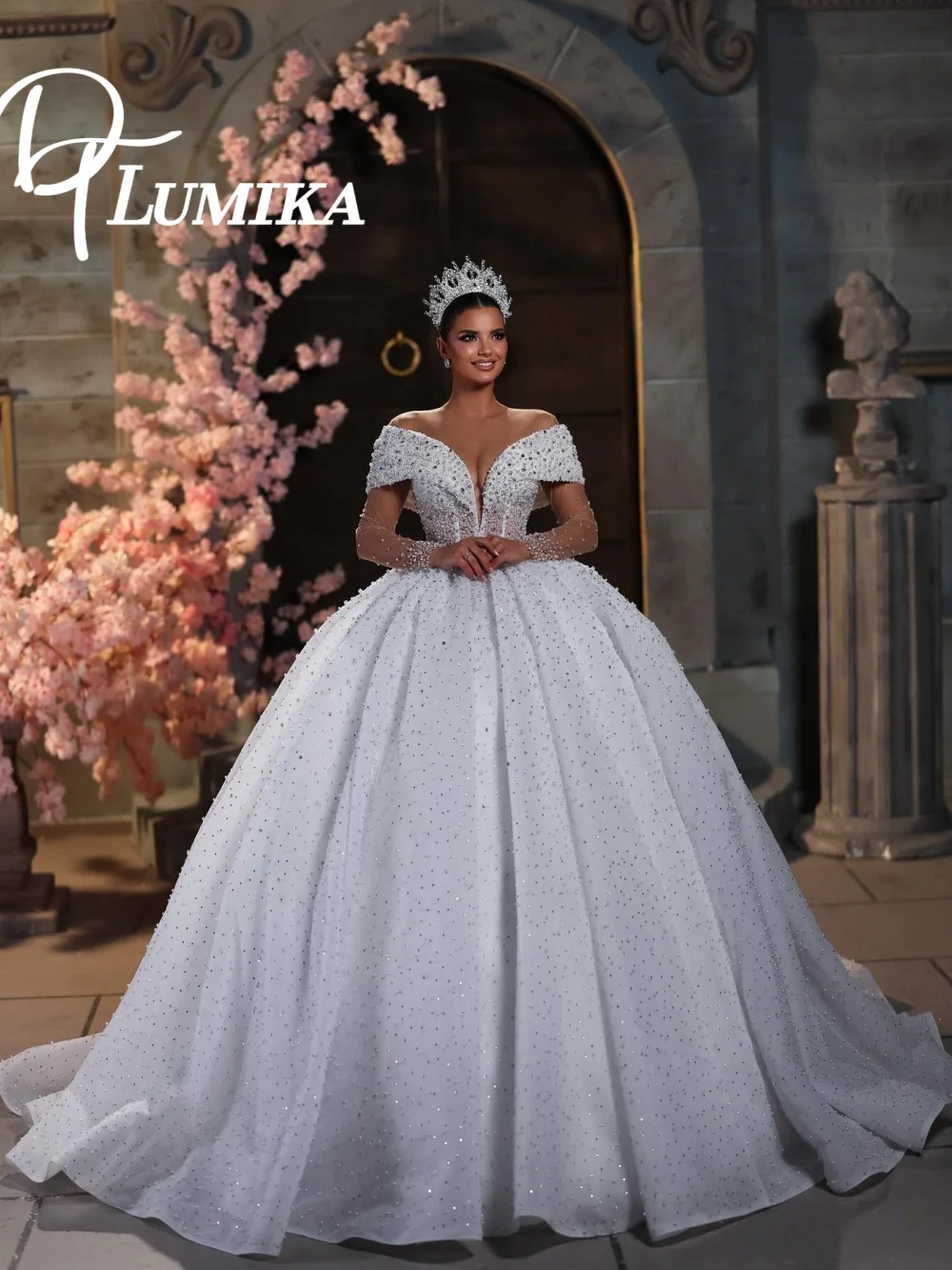 

Elegant Off Shoulder Beaded Wedding Dress 2026 Opulent Crystal Bridal Dress Majestic Long Sleeve Bridal Gown Vestidos De Novia