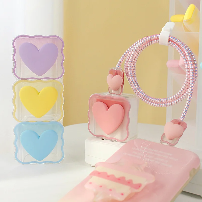 18W 20W 3D Charger Protector Cable Organiser for iPhone 14 13 Pro Max Love Heart Data Cable Management Cord Winder Kit
