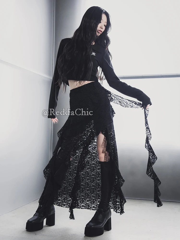 REDDACHiC haut bas noir jupe florale dentelle Patchwork couches à volants Stretch Maxi longue piste jupe gothique Vintage femmes vêtements