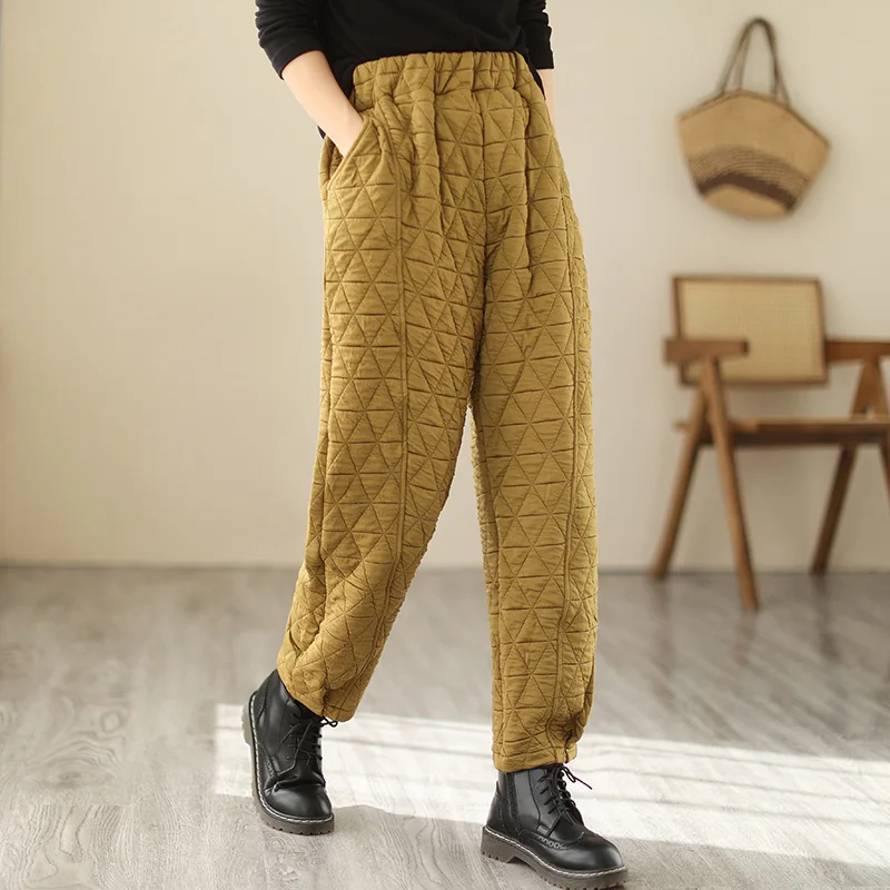 High Waist Thickened Cotton Pants Women's Spring Autumn Loose Lantern Pants Retro Warmth Diamond Grid Design Casual Trousers