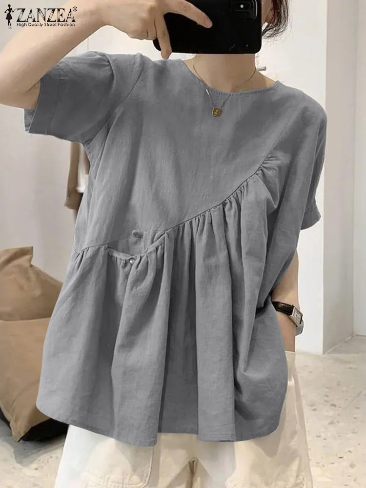 

ZANZEA 2025 Women Cotton Blouse Short Sleeve Asymmetric Tops Casual Loose Pockets Pullovers Fashion Solid Color Tunic Oversized