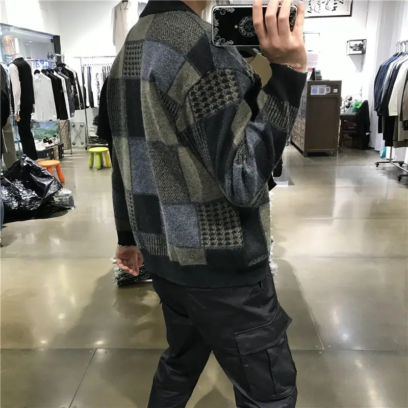 Cardigã quadriculado de beisebol masculino, suéter versátil, casaco bonito da moda, casual, japonês, outono e inverno, novo