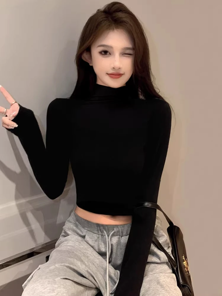 Black Half-High Collar Long Sleeve Base Shirt Women's Spring Autumn Short Tight High Waist Bore Hole Trendy T-Shirt Casual Style