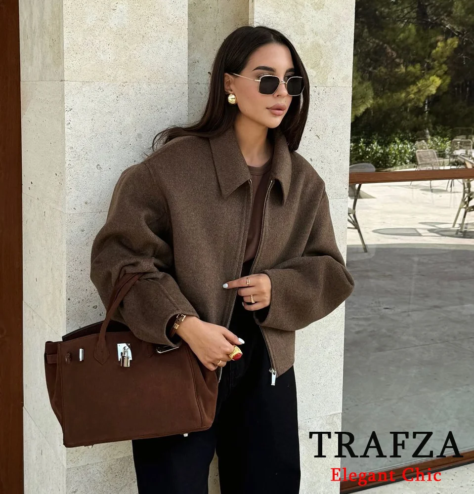 TRAFZA-Women Fashion Zipper Jacket Vintage Brown Lapel Pocket Jacket New 2024 Autumn Fall Casual Vintage High Street Jacket