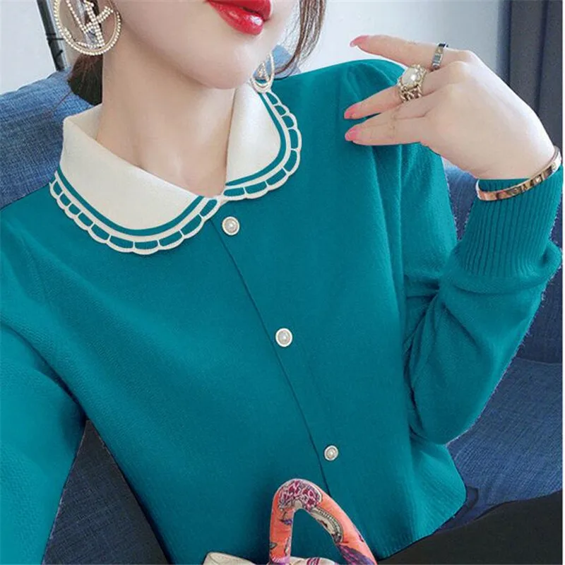 

Sweet Peter Pan Collar Spliced Button Loose Knitted Shirt Female Clothing 2024 Autumn Long Sleeve Casual Tops All-match Blouse