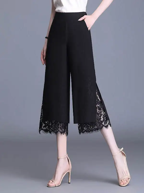 High Waist Wide Leg Pants Women's Summer Thin Lace Splice Seven-Foot Skinniness Loose Trousers Chiffon Casual Pants
