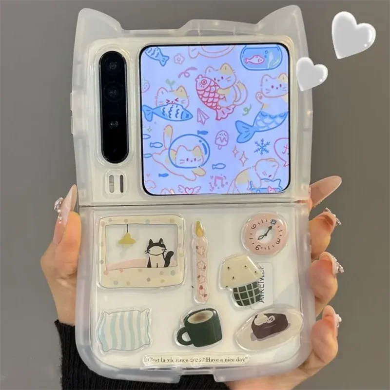 

Cute 3d animal ear Clear Case for Samsung z flip7 zflip6 5/ Xiaomi mix flip/ mixflip 2 case Soft cover with cartoon stickers