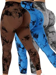 Confezione da 3 leggings a vita alta senza cuciture Tie Dye - Sollevatore di glutei scrunch per il controllo della pancia - Palestra yoga