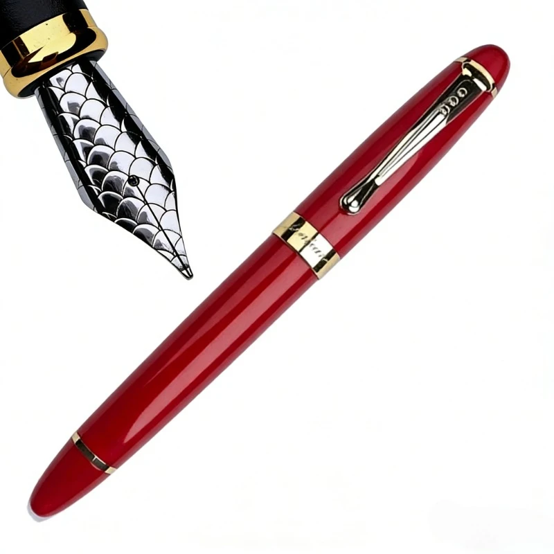 Latest Model Jinhao Red Metal Fountain Pen Long Knife Bent Tip  Fish Scale Nib 0.7 1.5mm Dragon Relief Ink Pen Travel Practice