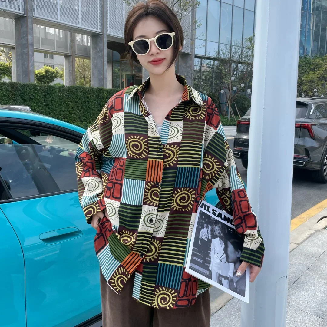 Клетчатая рубашка 202, женская весенне-осенняя рубашка с длинными рукавами в стиле ретро, корейская версия, свободный повседневный универсальный топ A468