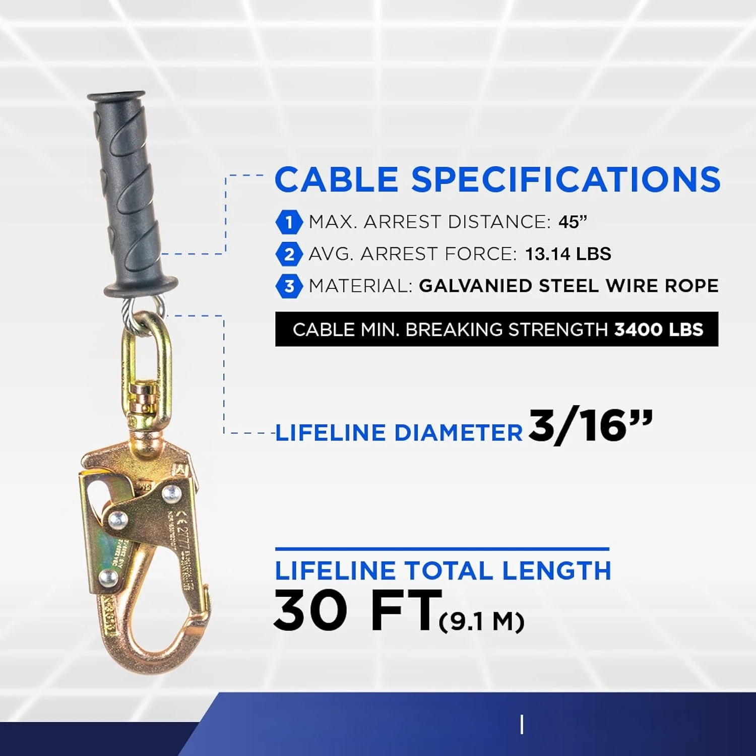 ريال سعودي 30 قدم. خط الحياة ذاتي التراجع I ANSI Z359.14-2021 فئة 1 I SRL كابل مجلفن علوي دوار #3