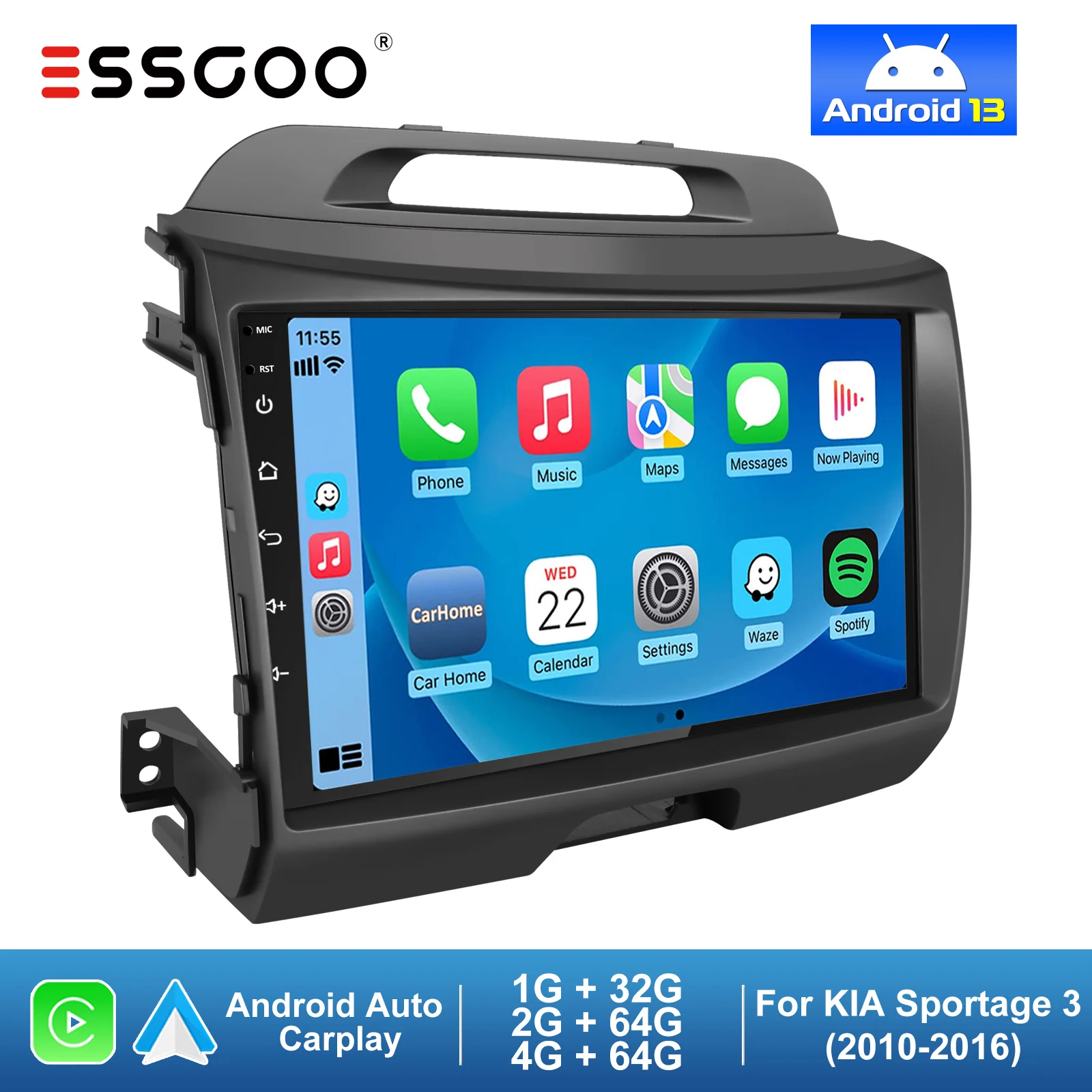 ESSGOO 9 "Carplay Auto Stereo Multimedia Player Radio Android 13 GPS Navigation Wifi Bluetooth Wifi