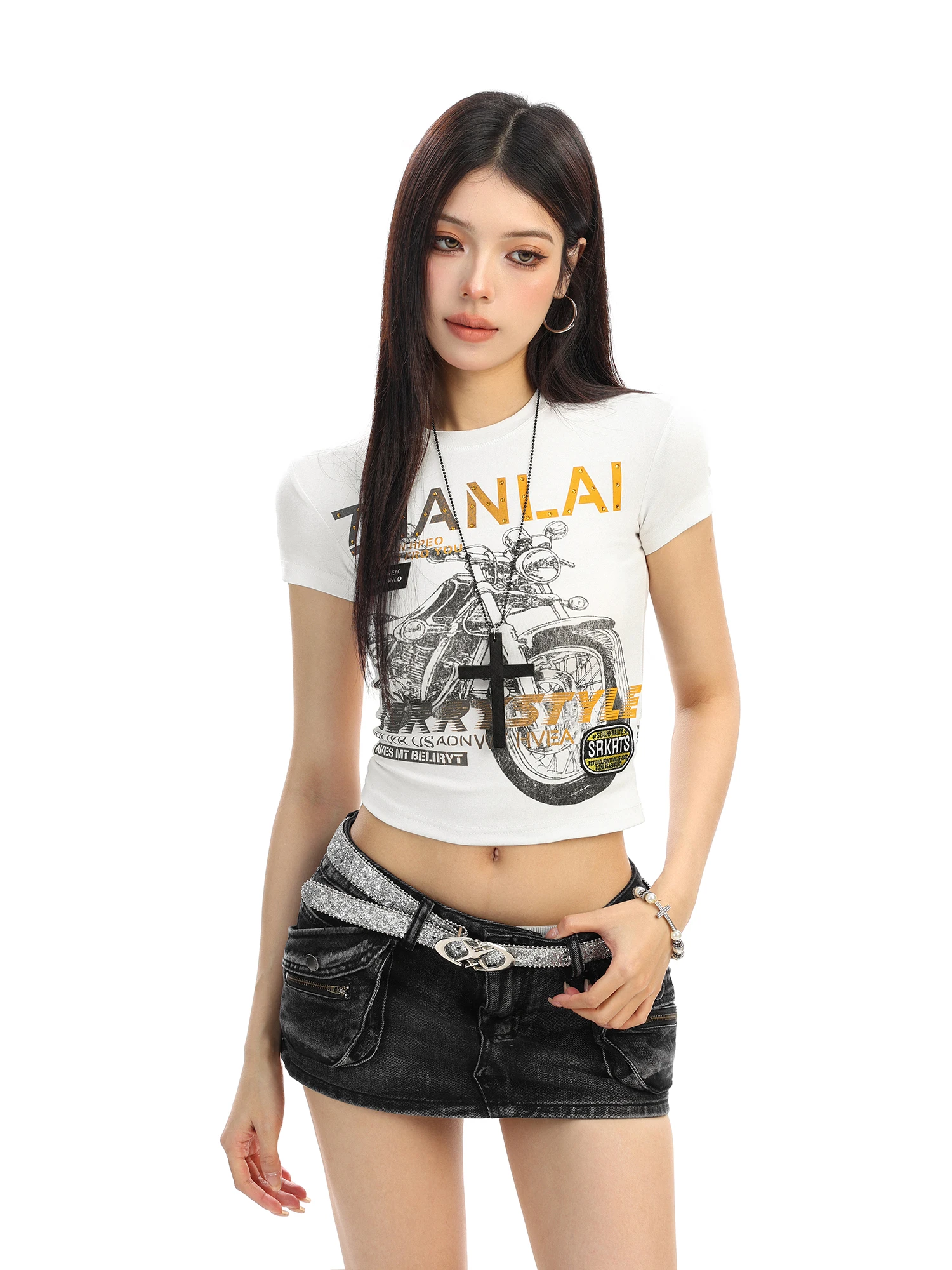Sweet Cool Short Sleeve T-Shirt Women's Slim Fit Belly Show Summer Motorcycle Print Casual Style Creative Pattern round Neck ...