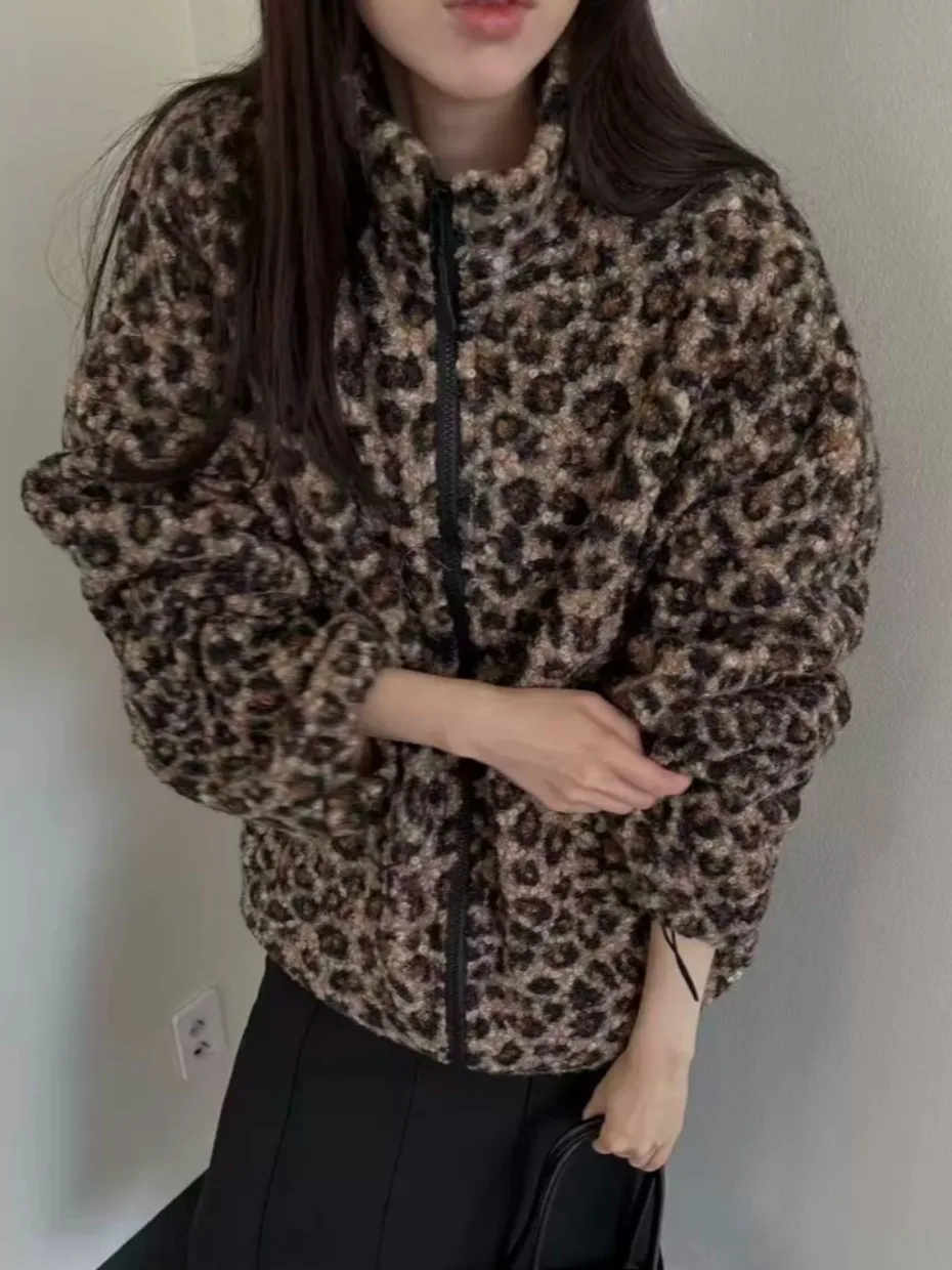 المرأة فروي الوقوف طوق خمر ليوبارد طباعة سستة Jaet الداخلية Fce الخريف الشتاء جديد Faion معطف دافئ طويل Sve #1