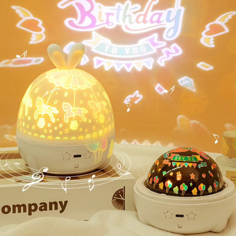 10 Films Rotating Projector Night Light with Music Box, Cute Rabbit Ear USB Mood Nightlight for Kids, Christmas Birthday Gifts