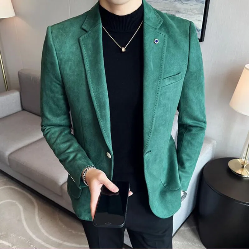 

Men's Autumn Winter Fashion Top Blazers Slim Gentleman Jackets Version of The Trend Business and Leisure Suede Suit Tuxedo Dress