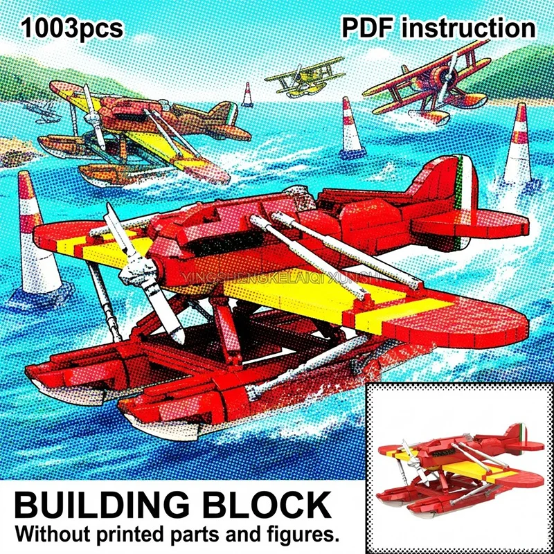 

MOC Block Model Vintage Red Racing Seaplane Floatplane with Pontoons & Tricolor Tail for 247942 moc
