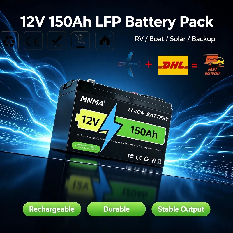 12V 150Ah lithium battery with 4000+deep cycling, suitable for RV, yacht, camping, and household emergency power supply