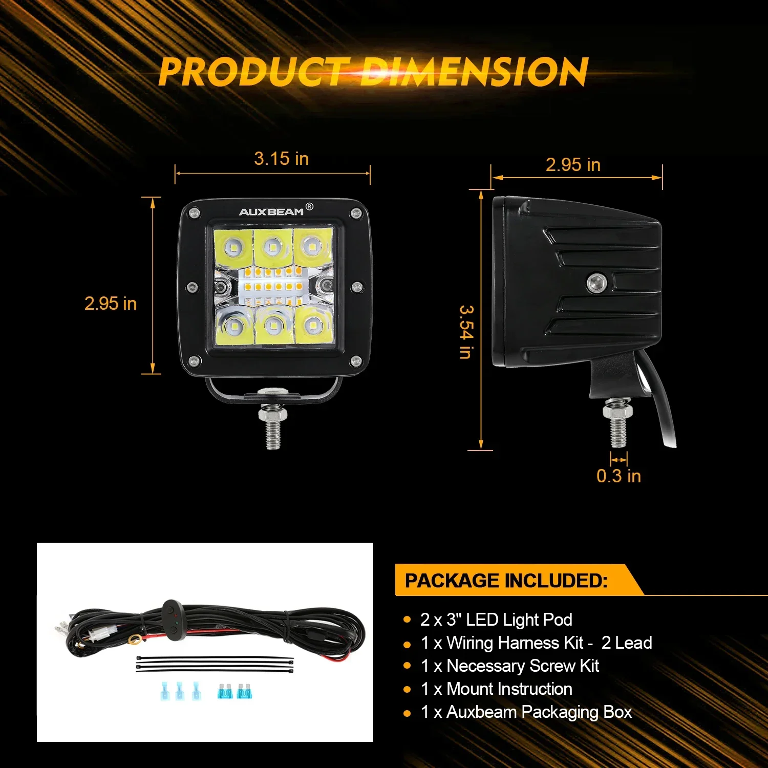 AUXBEAM 72W 3 inch LED Square Work Light Pod with 10FT Wiring Harness 6 Modes Amber White Light Memory Function Driving Lamp