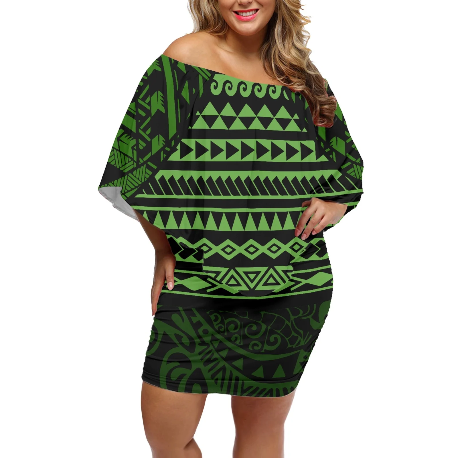 Hawaii Traditional Tribes Clothing Tattoos Printing Elegant Women Dress  Summer Off Shoulder Bat Sleeves Buttocks Dress