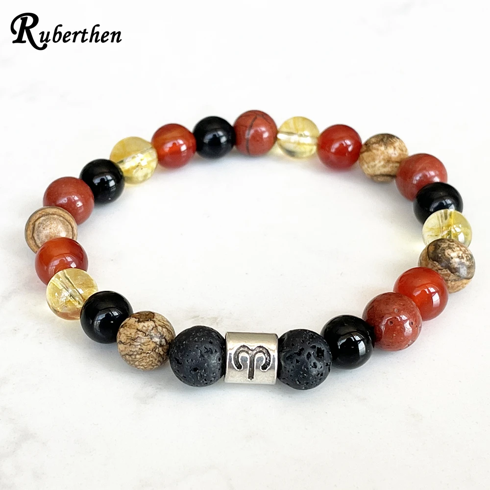 Ruberthen New Design Aries Zodiac Bracelet 8 MM Red Stone Carnelian Black Onyx Picture JasperWrist Mala Natural Gemstone Jewelry