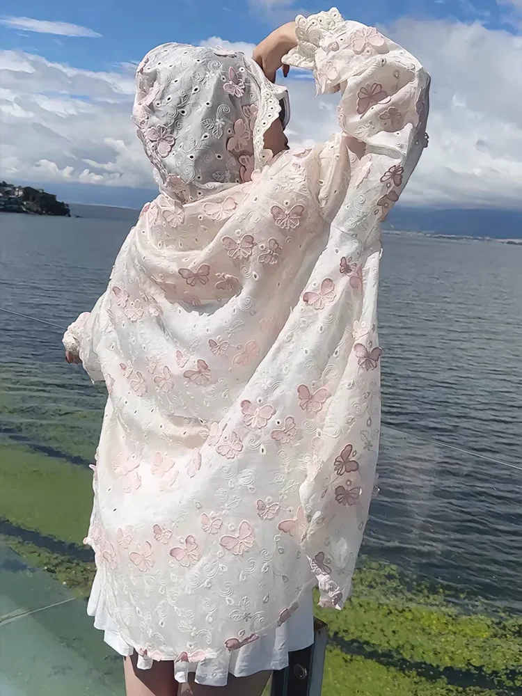 Sweet Butterfly Embroidery 3D Flowers Long Sleeve Hooded Sunscreen Shirt Women Thin Coat New Summer Loose Casual Long Blouse Top