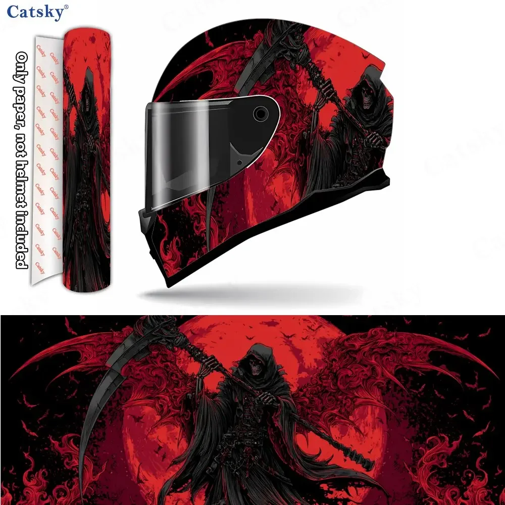 Grim Reaper Red Storm Dominance Scene Helmet Vinyl Wraps, Waterproof Scratch-Resistant Full Face Helmet Decals, Durable PVC Arti