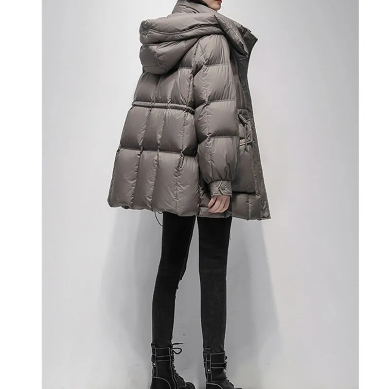 Grey Hooded White duck down Jacket 2025 Winter New Korean version Women's Loose Thicken Down Coat Female Warm Parka Overcoat