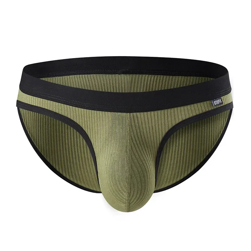 Men's Sexy Underwear Ribbed Modal Soft High Elastic Sweat Absorption Comfortable Underpants Youth Low-rise U Convex Pouch Bikini