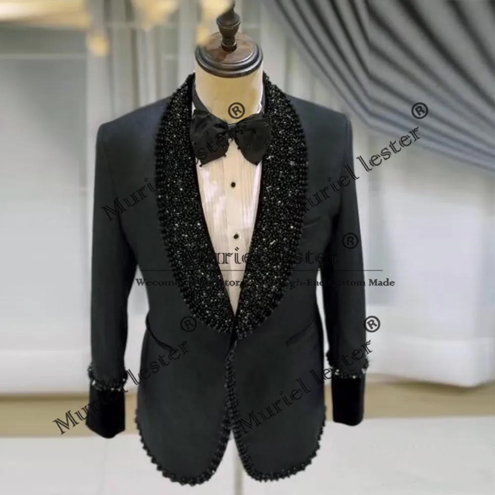 

Luxury Crystals Beaded Suits Men For Wedding Shawl Lapel Prom Blazers Customized 2 Pieces Man Banquet Party Dress Groom Tuxedos