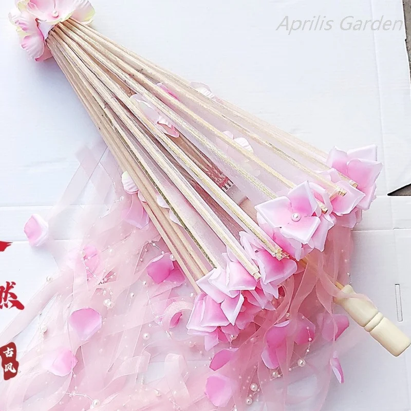 Aprilis Ancient Hanfu Ribbon Flower Parasol Clear Chinese Lace Umbrella Cosplay Props Fairy Pearl Flower Moschino Women Paraguas