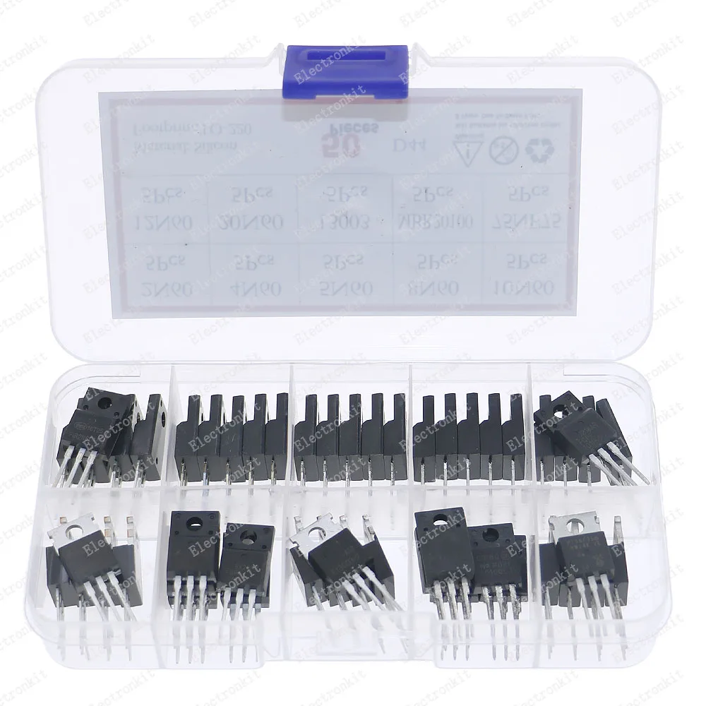 50Pcs 10Values TO-220 Mosfet Transistor Kit Box 2N60 4N60 5N60 8N60 10N60 12N60 20N60 13003 MBR20100 75NF75