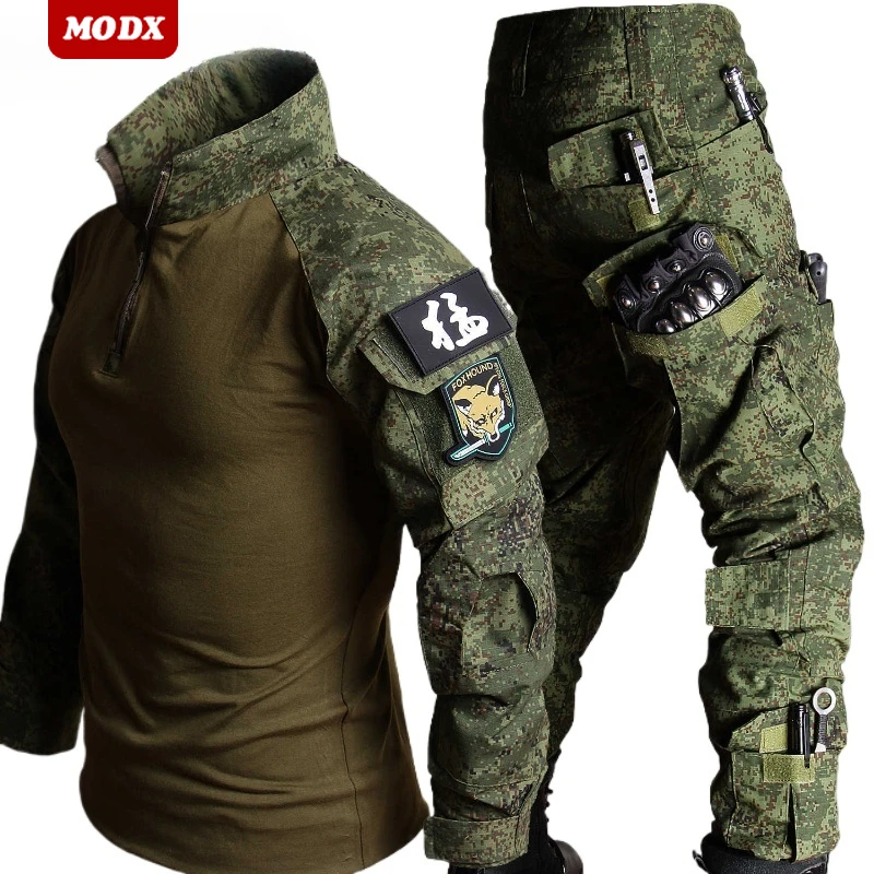 Russian Tactical Camo Frog Suit Set Men Breathable Wear Resistant Quick Drying Training Clothes Half Zipper+Pantalons 2-piece