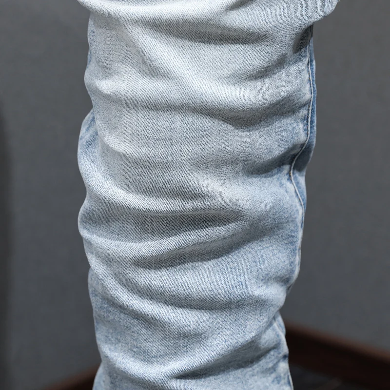 Latest designer fashion new men's jeans stretch slim fit high street hip-hop brand retro light blue pantshombre
