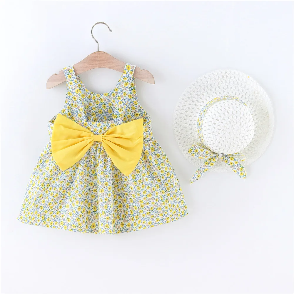 Summer New Girl Baby Dress with Hat and Hanging Strap Sleeveless Sweet Princess Dress Birthday Party Dress