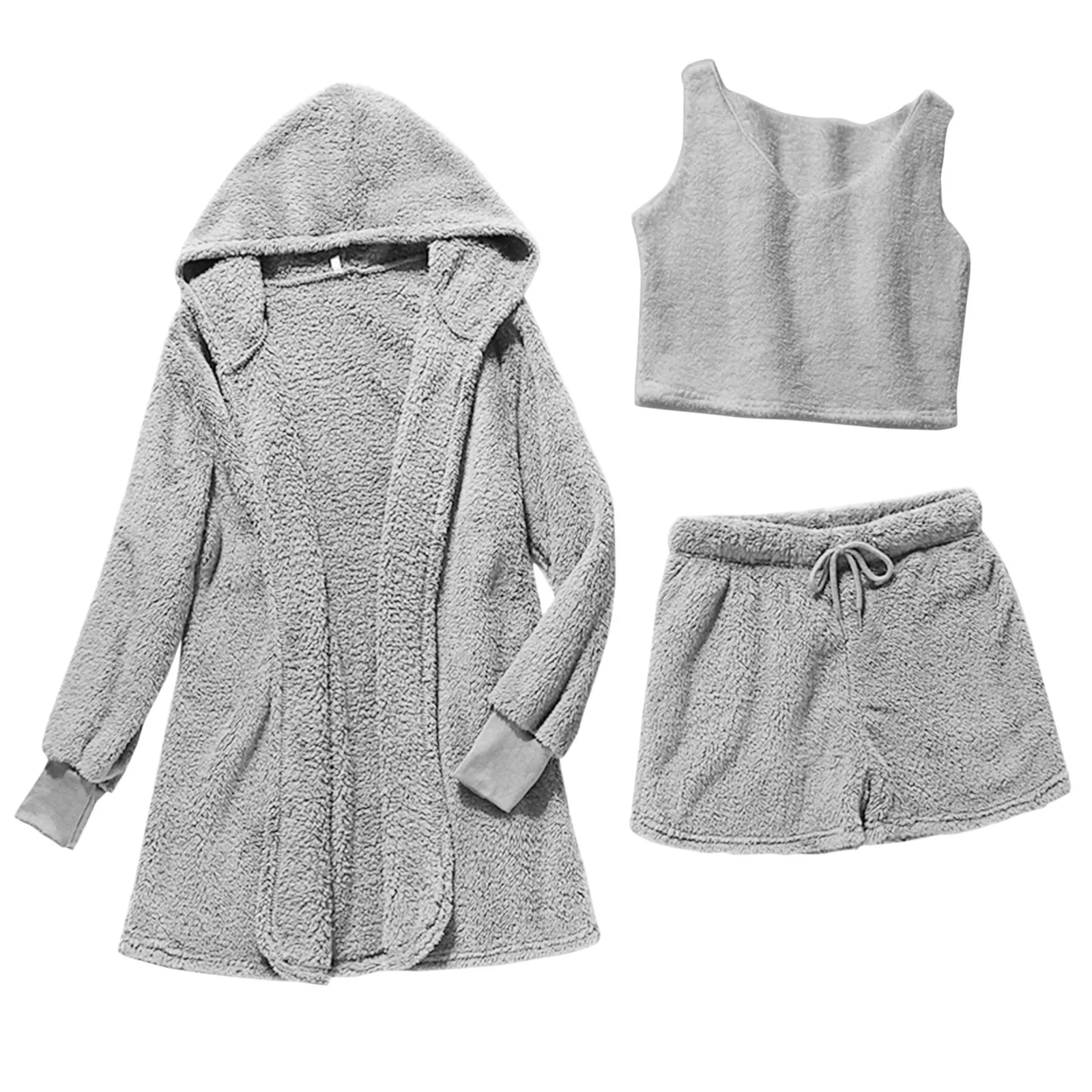 Winter Pajamas Set Women Fashion Flannel Warm Three Pieces Suit Sleevewear Cute Robe Vest Short Pants Pajamas Hooded Sleepwear