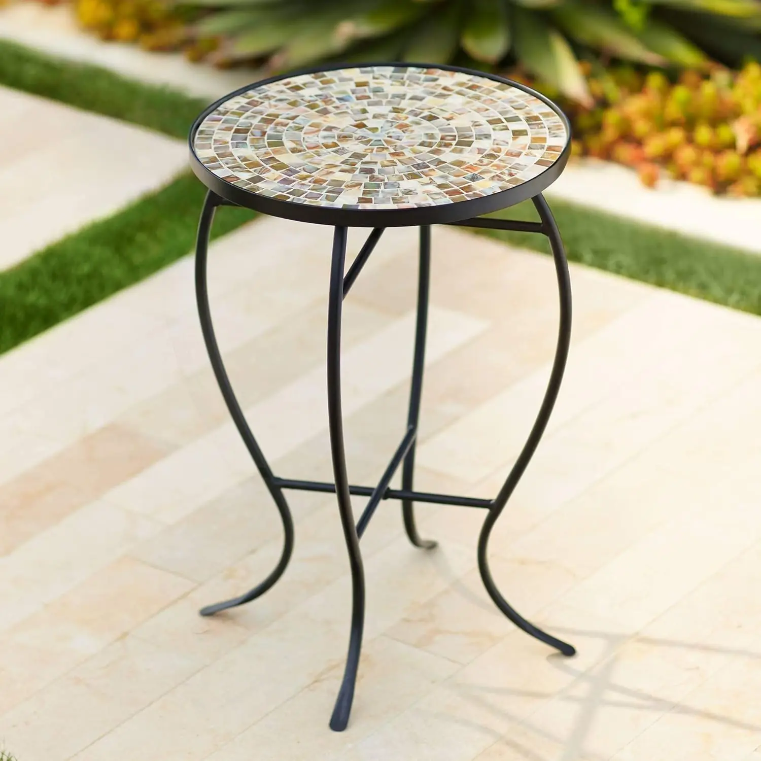 Mother of Pearl Modern Black Metal Round Outdoor Accent Side Table 14