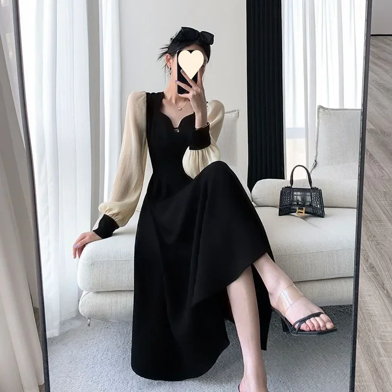 فستان خريفي نسائي أنيق بتصميم فرنسي، فستان بأكمام طويلة ذو ملمس راقي للنساء بمقاسات كبيرة