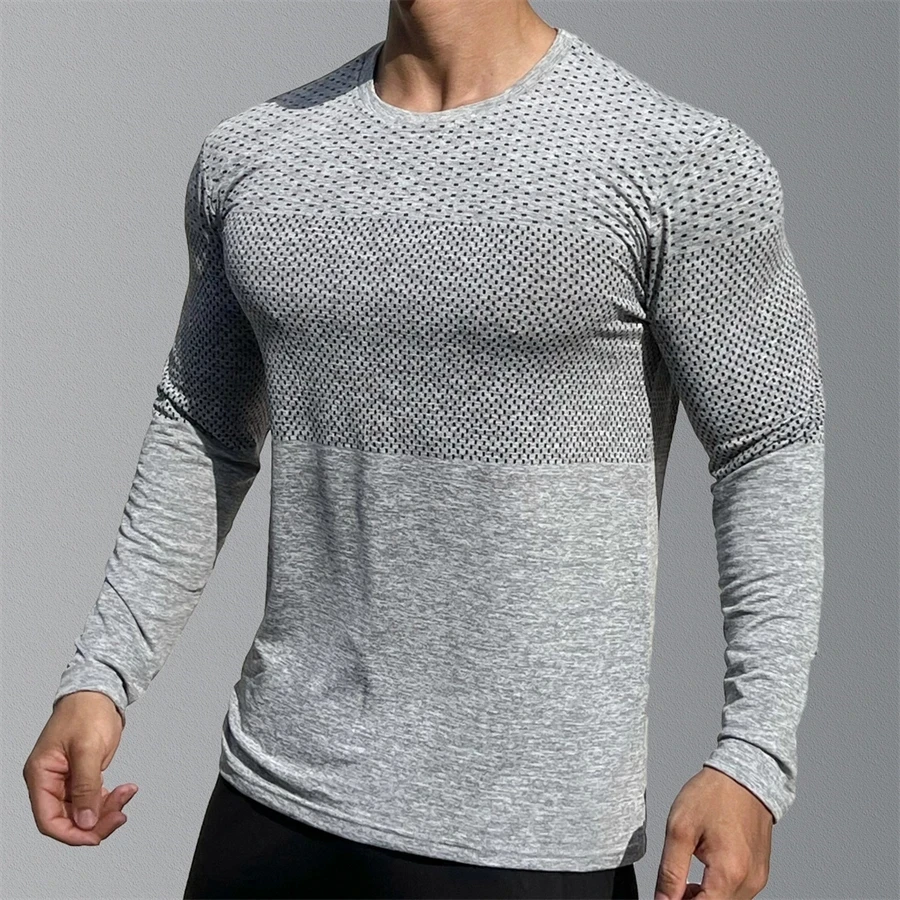 Men\'s Sport Long Sleeve Tops Quick Dry Fitness T-shirts Bodybuilding Gym Tees Casual Skinny Elastic Breathability Sportswear