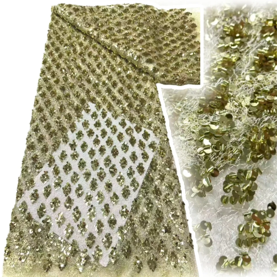 

Exquisite African Sequin Embroidered Lace Fabric 5Y High-Quality Nigerian Tulle Lace Fabric Suitable for Party Gown Sewing 1907
